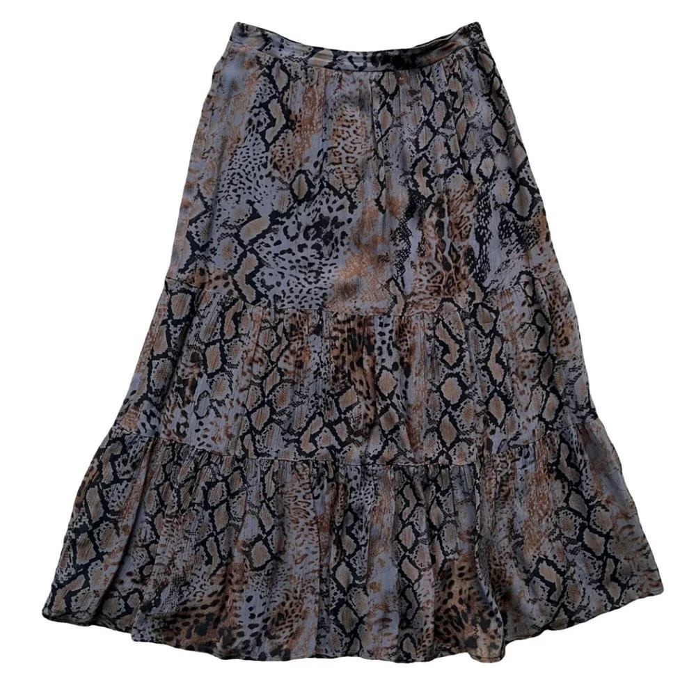BA&SH Mixed Animal Print Midi Skirt Tiered Purple Brown Size 2 US 6